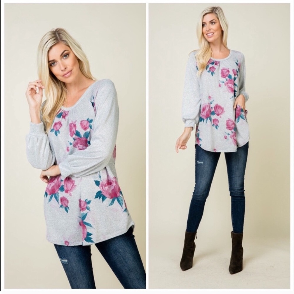 JUST IN!! Cozy grey floral- top - Picture 1 of 2